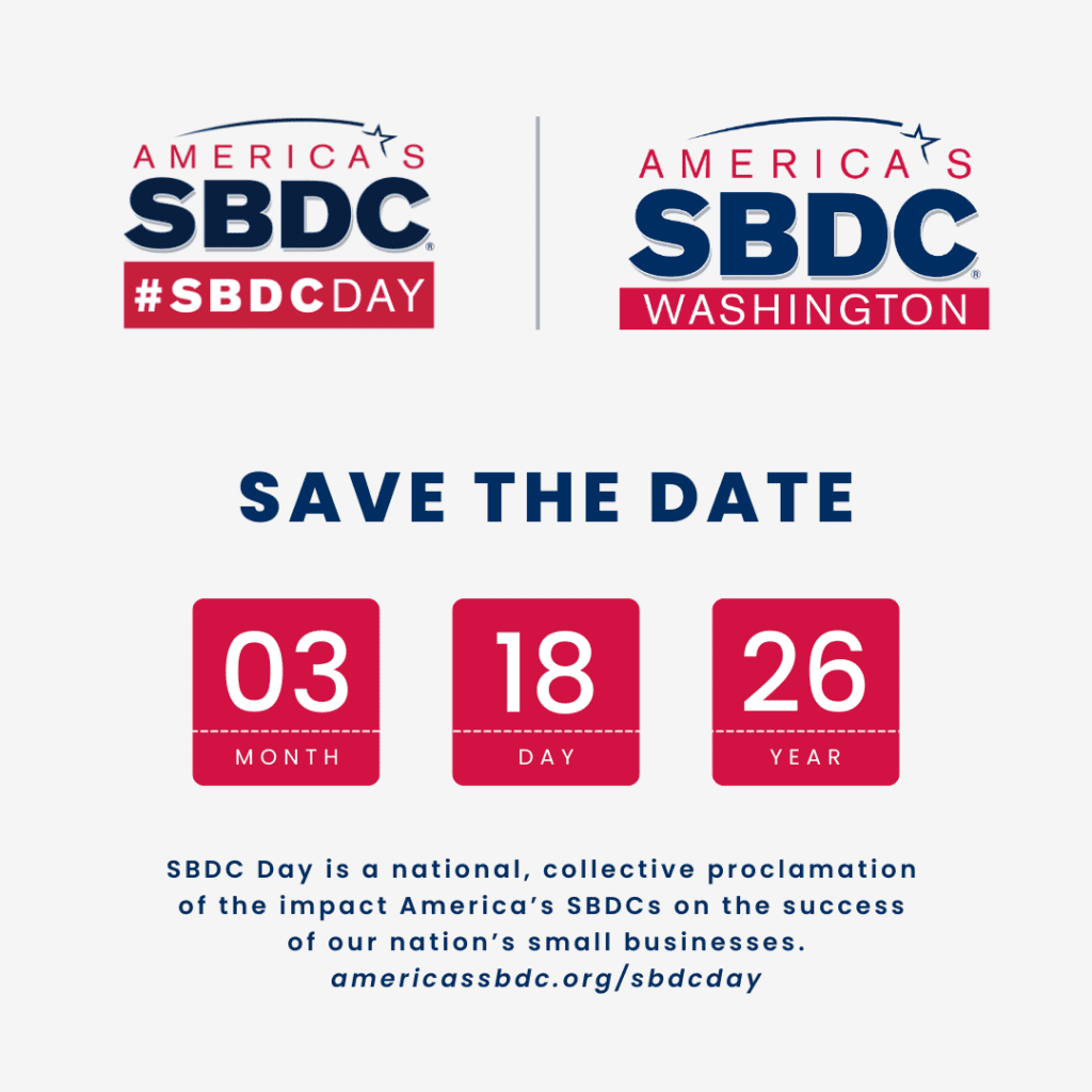 Save the Date graphic for SBDC Day on March 18, 2026 featuring the America’s SBDC and Washington SBDC logos.